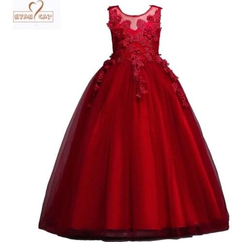 Free Ship 2019 Kids Long Party Sleeveless princess dress childrens Holiday Valentines Party Wear 3D Flower-Appliqued Wedding