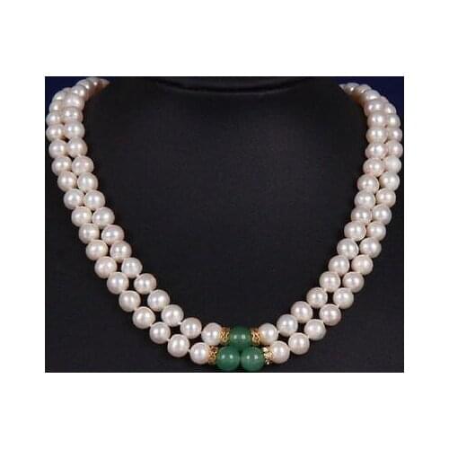 2row double strands 9-10MM GREEN JADE SOUTH SEA WHITE PEARL NECKLACE