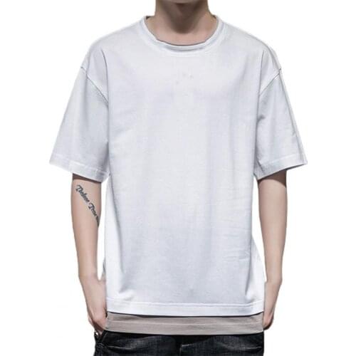 Casual Men T-shirt Fake Two Piece Solid Color Summer Short Sleeve Round Neck Top O-Neck Short Sleeve Street Tops Tees for Dating