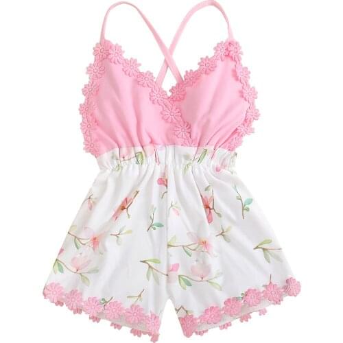 Newborn Baby Girl Floral Romper Children Summer Sleeveless Backless Jumpsuit with Lace Trim Toddler Girl Fashion Clothes