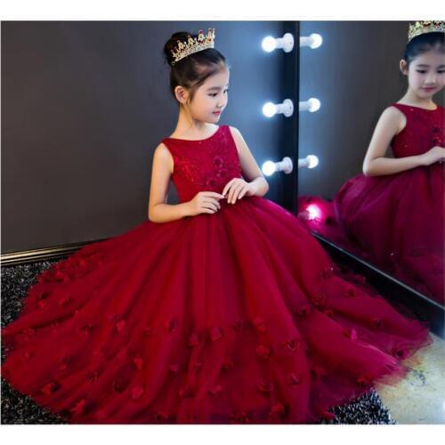 Red Lace Girl Summer Flower Girl Dresses Appliques Wedding Party Ball Gowns Tulle Pageant First Communion Dresses Princess Gown