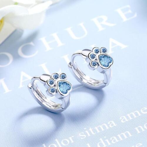 Cute Lovely Silver Color Cat Paw Stud Earrings Silver Plated Blue Cubic Zircon Earrings For Girls Birthday Accessories