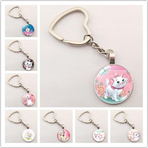Fashion Cute Marie Cats Design Heart Keychains Cartoon Kitten Style Glass Dome Key Chain Gifts Keyring Gifts for Women