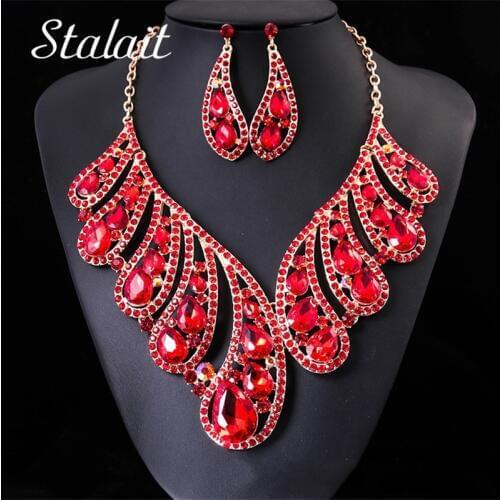 Romantic Wedding Jewelry Statement Large Hollow Water Drop Crystal Metal Necklace V Chain Earrings Set Christmas Gifts