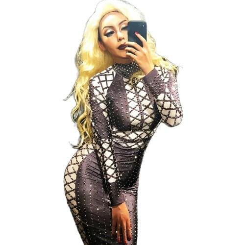 Full Rhinestones Plaid Printing Bag Hip Dresses Long Sleeve Knee-Length Dress Ladies Nightclub Performance Dance Costumes