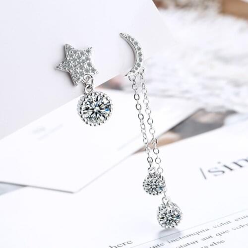 Cute Asymmetric Moon Star Drop Earrings For Women Shiny Crystal Paved Chain Tassel Dangle Earring Exquisite Earring Stud Jewelry