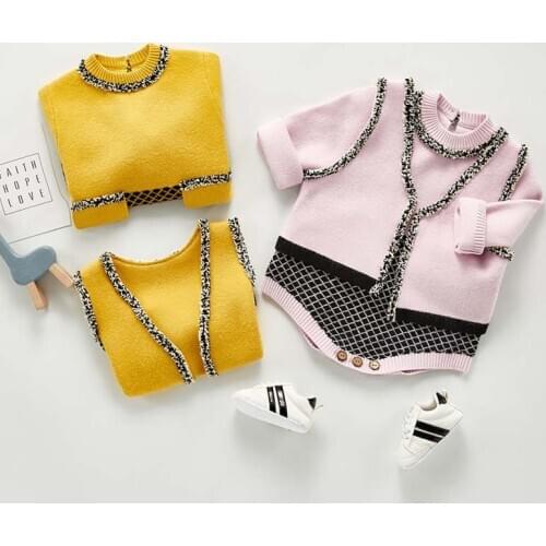 Baby Girls Knitted Bodysuits Set Newborn Plaid Jumpsuits Fashion Knitted Children Sweaters Clothes Autumn Winter Girls Outfits