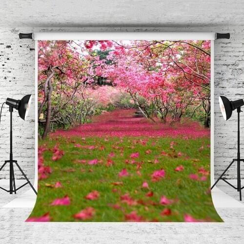 VinylBDS 10X10FT Valentine Backdrops Lawn Covered With Pink Petals Washable Studio Background Tree Full of Flowers Backdrops