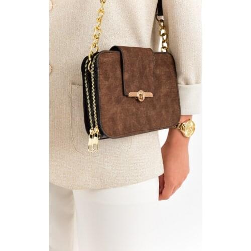Fashion 2021 Summer Women, Semi Chain Strap Lock Detailed Shoulder Bag, Brown, Tan, Black, white, Red, Cinnamon, Pink