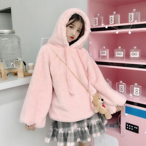 Japanese Kawaii Harajuku Hoodie Women Cute Solid Korean Style Sweatshirt Autumn Winter Girls Soft Plush Coat Loose Outwear Tops