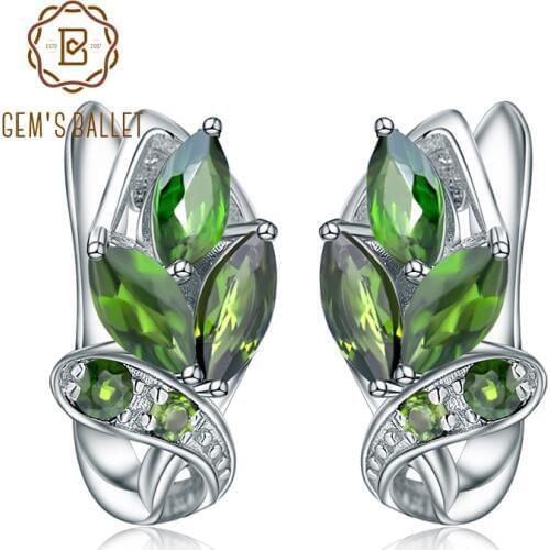 GEMS BALLET 3.11Ct Natural Chrome Diopside Gemstone Stud Earrings 925 Sterling Silver Leaf Earrings for Women Fine Jewelry