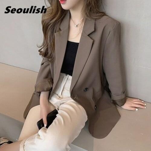 Seoulish New 2021 Spring Autumn Vintage Womens Blazers Double Breasted Female Formal Jackets Pockets Loose Outerwear Chic Tops