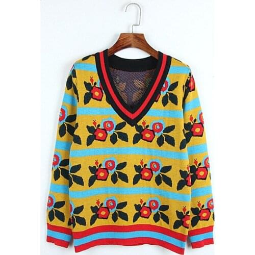 Winter Runway Knitted Sweaters Vintage Wide Yellow Stripes V-neck Flora Pattern Jersey Jumper Pullover Sueter Mujer