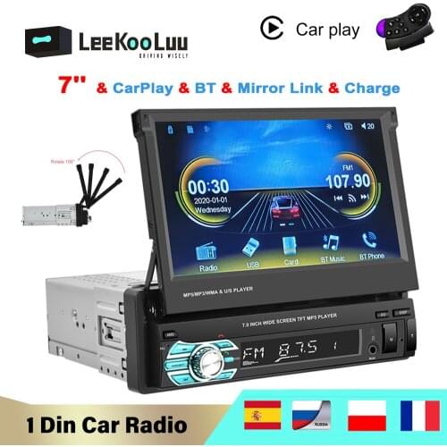 LeeKooLuu 1 Din Autoradio 7" HD Retractable Screen Radio Car Multimedia Player built-in Carplay Mirrorlink MP5 Video Stereo