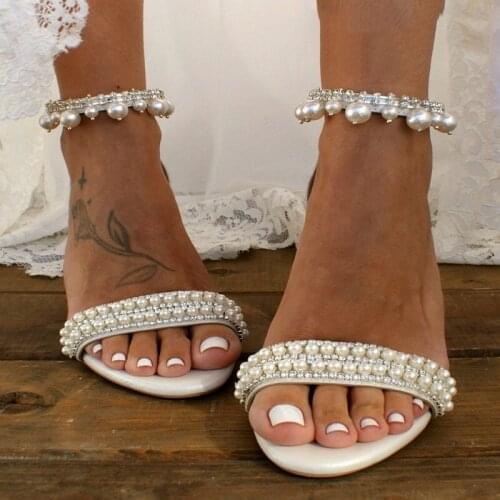 Summer lace flower high-heeled thick-heeled large size bridal wedding shoes white mid-heel pearl banquet dress female sandals