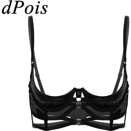 Womens Wet Look Patent Leather Underwired Bra Lingerie Spaghetti Shoulder Straps Quarter Cup Strappy Sexy Bra Tops Braltte