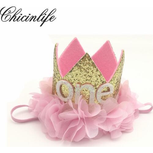 Chicinlife Baby Girl First One happy Birthday Lace flower Headband Crown Princess handmade Hairband Baby Shower decoration party