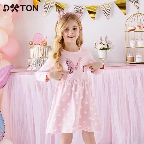 DXTON Winter Kids Dresses For Girls Butterfly Children Dress Long Sleeve Dot Girl Dress Toddler Cotton Casual Wear Clothing 3-8Y
