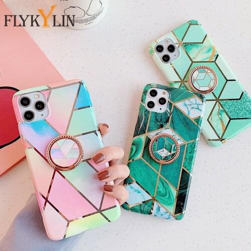 FLYKYLIN Ring Holder Case For Samsung Galaxy A41 A51 A71 Back Cover Soft IMD Silicone Electroplate Geometric Marble Phone Shell