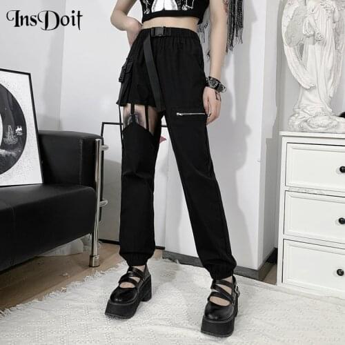 InsDoit Hollow Out Streetwear Punk Black Pants Women Zipper Mall Goth Trousers Summer Aesthetic High Waist Fashion Cargo Pants