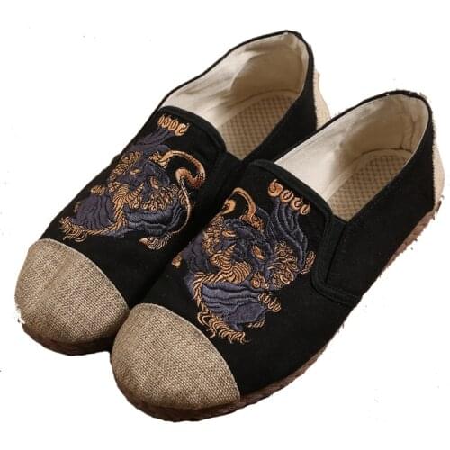 Men Handmade Hemp Loafers Breathable Comfortable Espadrilles Slip On Kungfu Tai Chi Flats Kylin Embroid Unisex Retro Shoes