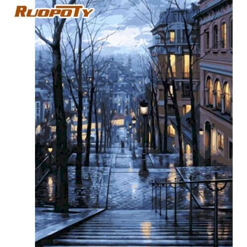 RUOPOTY Framed Oil Painting By Numbers Kits Handmade Diy Gift For Adults Night Street Landscape Picture By Number Home Decor