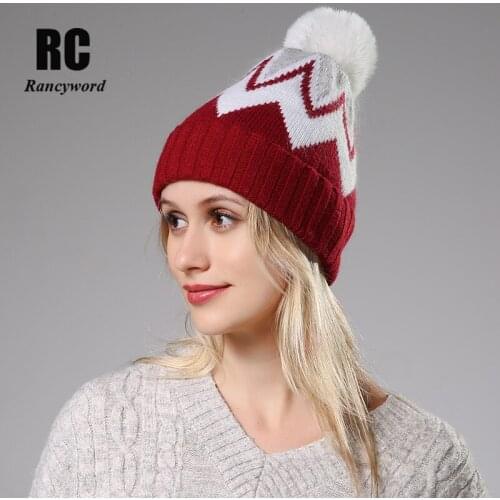 New womens hat winter beanie knitted hat Angola Rabbit fur Bonnet girl 's hat fall female cap with fur pom pom hats RC2089-1
