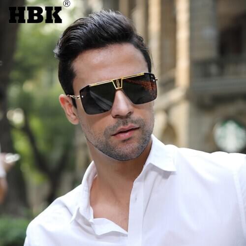 HBK Fashion New Mens Square Sunglasses Luxury Brand Design Outdoor Driving Eyewear Oversized Metal Gold Tea UV400 Protection