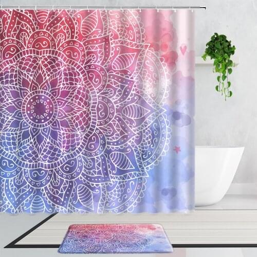 Pink Bohemian Shower Curtains Color Geometric Ethnic Style Bathroom Curtain Non-Slip Bath Mat Carpet Home Decoration 2-Piece Set