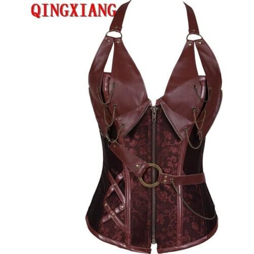 S-6XL 2021 Plus Size Women Steel Punk Faux Leather Shaper Underwear Halter Metal Chain Bustier Back Lacing Black Brown Corset