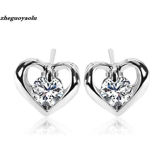 New Simple Personality Love Fashion High-grade Metal Zircon Peach Heart Stud Earrings Womens Jewelry Silver Earrings Brincos