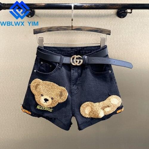 High quality Denim Shorts Women Summer Loose Plus Size High waist Jeans Shorts Female Cartoon bear Embroidery Short Pants Jeans