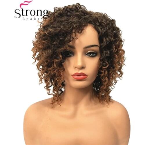 StrongBeauty Short Brown Highlights Ombre Curly Afro High Heat Ok Full Synthetic Wig Wigs