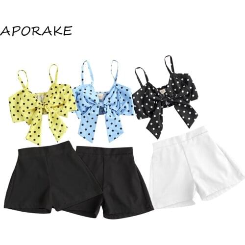 2021 2-7Y Toddler Summer Baby Girls Clothing Fashion Sleeveless Polka Dot Print V-Neck Bowknot Strap Crop Top+Solid Color Shorts