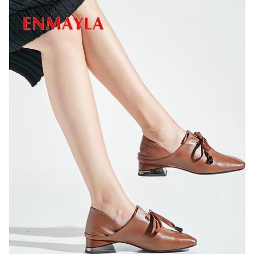 ENMAYLA 2020 Casual Lace-Up Square Toe Pumps Women Shoes Basic Square Heel Leisure Genuine Leather Luxury Women Shoes 34-43