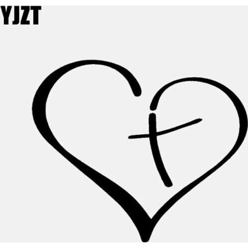 YJZT 13.1CM*11CM Heart With Cross In Center Decal Car Sticker Vinyl Christian Black/Silver C3-1268