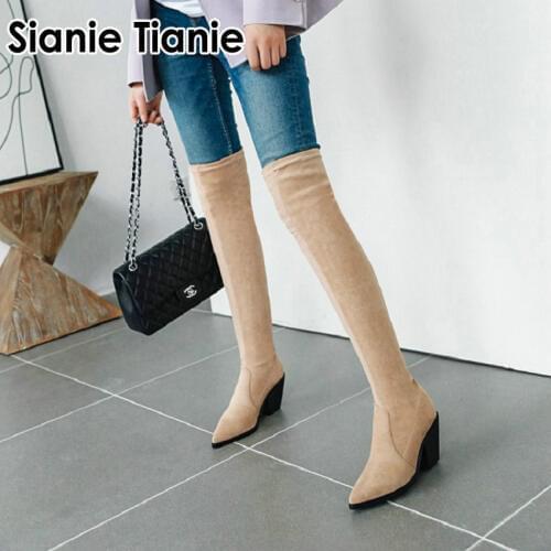 Sianie Tianie 2020 winter autumn woman chunky high heels boots stretch fabric over-the-knee longs women overknee boots size 46