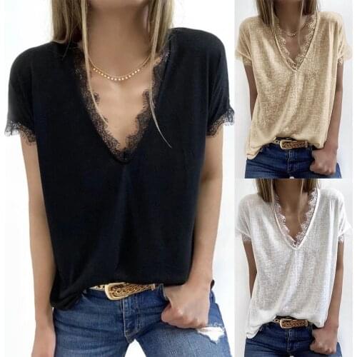 SAGACE 2021 summer new womens casual loose V-neck solid color lace splicing short sleeve top футболка женский