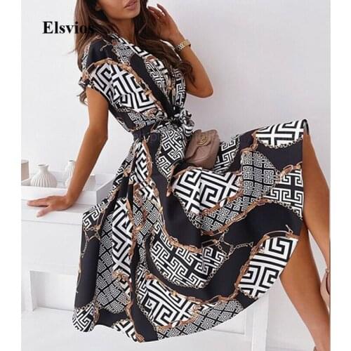 Fashion Summer Short Sleeve Long Dress Elegant Retro Pattern Print Office Lady Shirt Dress Sexy V Neck Button Women Party Dress