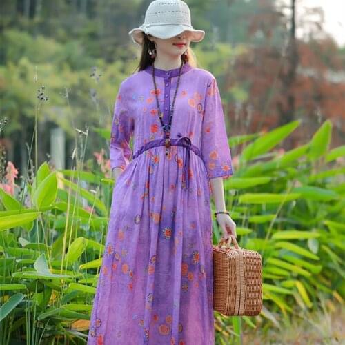 Women Cotton Linen Casual Dress New Arrival 2021 Spring Vintage Style Floral Print Ladies Elegant A-line Long Dresses S3515
