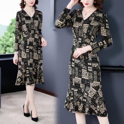 Spring Autumn Women Print Knitting Cotton Midi Dress 2021 Vintage Casual Long Sleeve V-Neck Dress Elegant Bodycon Party Vestidos
