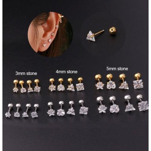 1 PCS Trendy Cute Small 3/4/5MM Zircon Heart Star Shape Earring Stainless Steel Bar Screw Ear Cartilage Piercing Cuff Jewelry