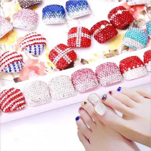 3 Pairs Fashion Red/Black/Pink Matte Rhinestone Decoration Press on Toenails Full Drill Handmade Flat Toes Fake NailsToes Nail