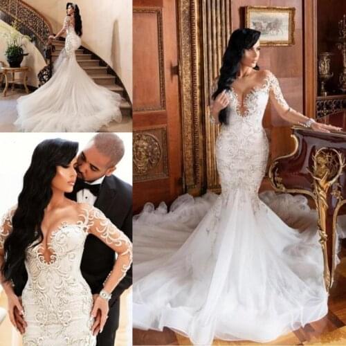 African Dubai Mermaid Wedding Dresses Bridal Gowns Illusion Long Sleeves vestido de noiva Lace Appliques Plus Size