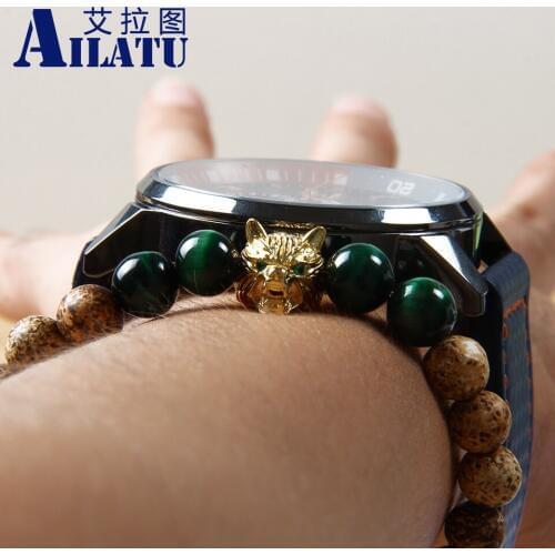 Ailatu On Sale 8mm Natural Brown Weathering Onyx & Green Tiger Eye Stone Cz Wolf of Forest Beaded Bracelet Animal Shape