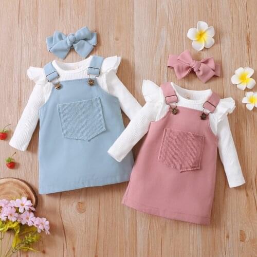 Baywell Fashion 0-3Y Baby Girls Fall Clothes Long Sleeve Solid Jumpsuit Tops + Suspender Dress +Bow Headband 3Pcs Outfit