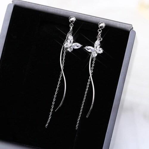 Long Tassel Butterfly Drop Earrings 2021 Fashion For Women Korean Diamond Hanging Earrings Summer Shiny Jewelry Girls Party Gift