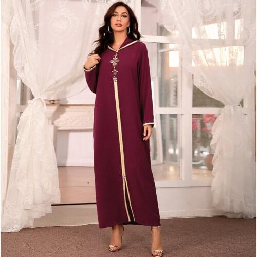 Dubai Abaya Djellaba Moroccan Kaftan Women Diamond Braid Trim Long Sleeve Muslim Hijab Maxi Dress Robe Arabic Islamic Clothes