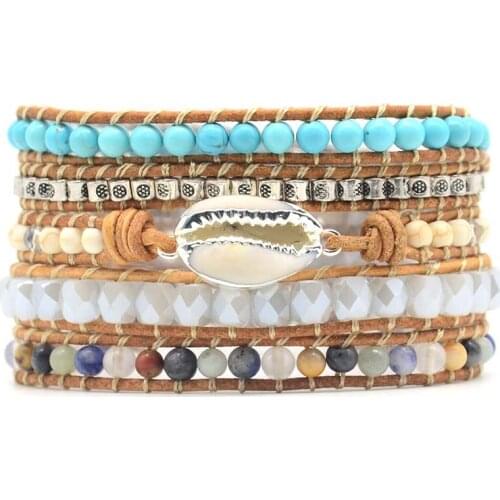 Stone Beads Alloy Genuine Leather Bracelet Men Women Bangle Cuff Rope Bead 5 Wrap Adjustable Shell Bracelet