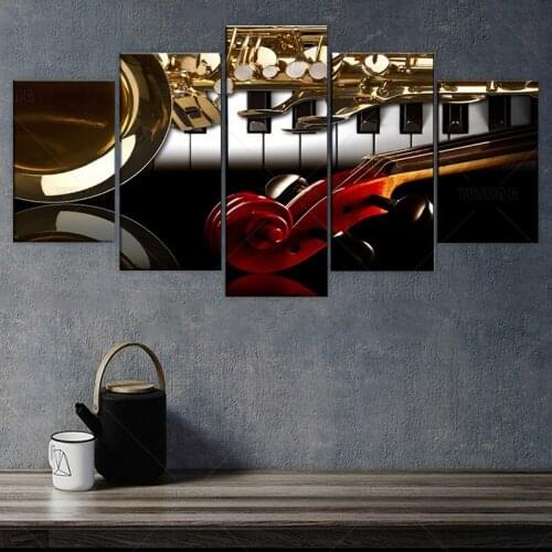 Canvas Print Musical Instruments Picture 5 Panel Modular Style Music Classroom Wall Decor Piano And Violin Handle Saxophone Draw